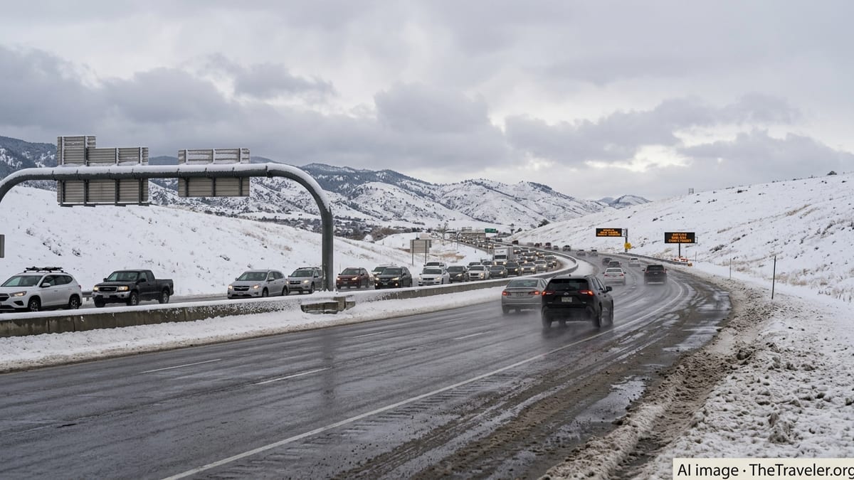 Cars crawl along a slushy Colorado interstate as fresh snow covers nearby hills under gray skies.