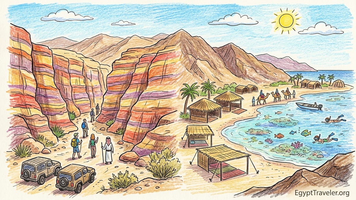 Ras Abu Galum coastline near Dahab with Bedouin huts, camels and turquoise Gulf of Aqaba.