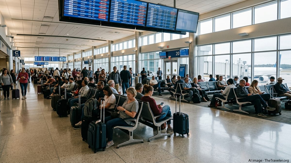 Travelers wait at Columbia Metropolitan Airport gates as departure boards show delayed and canceled flights.
