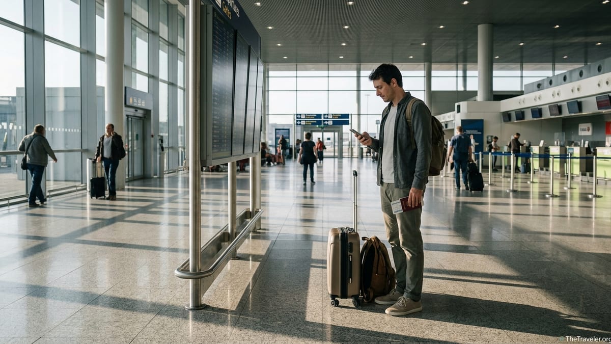 Frequent traveler with carry-on bag checking documents in a bright European airport terminal.
