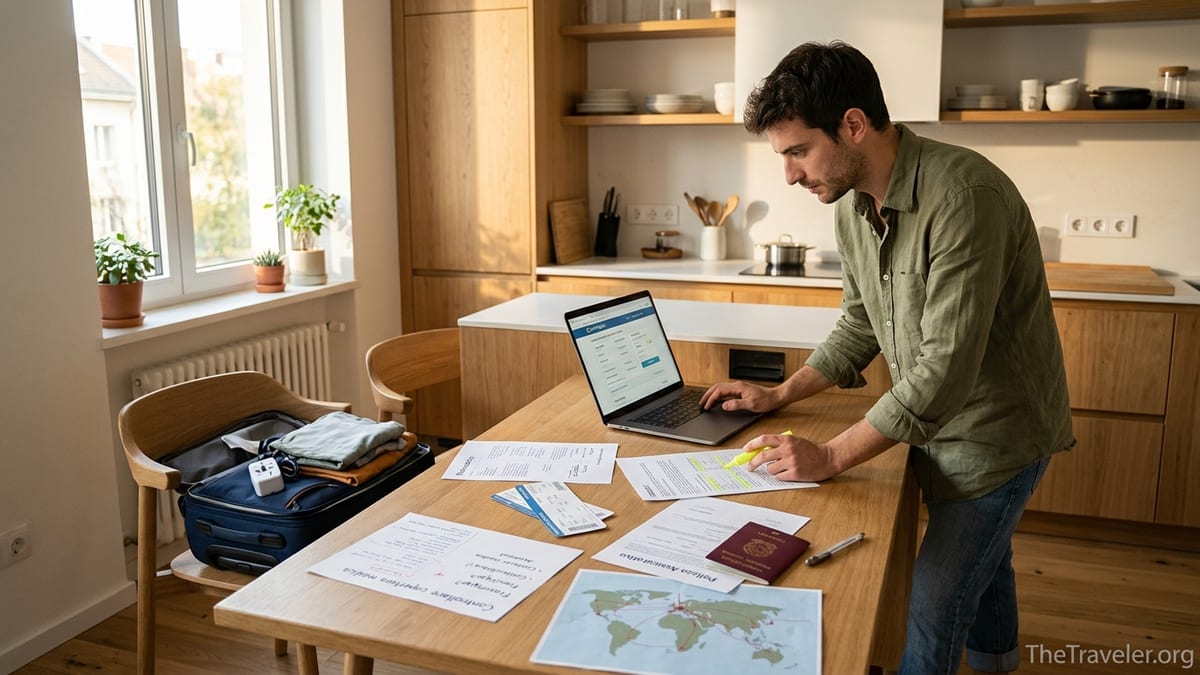 Italian traveler comparing travel insurance documents beside a packed suitcase at home.