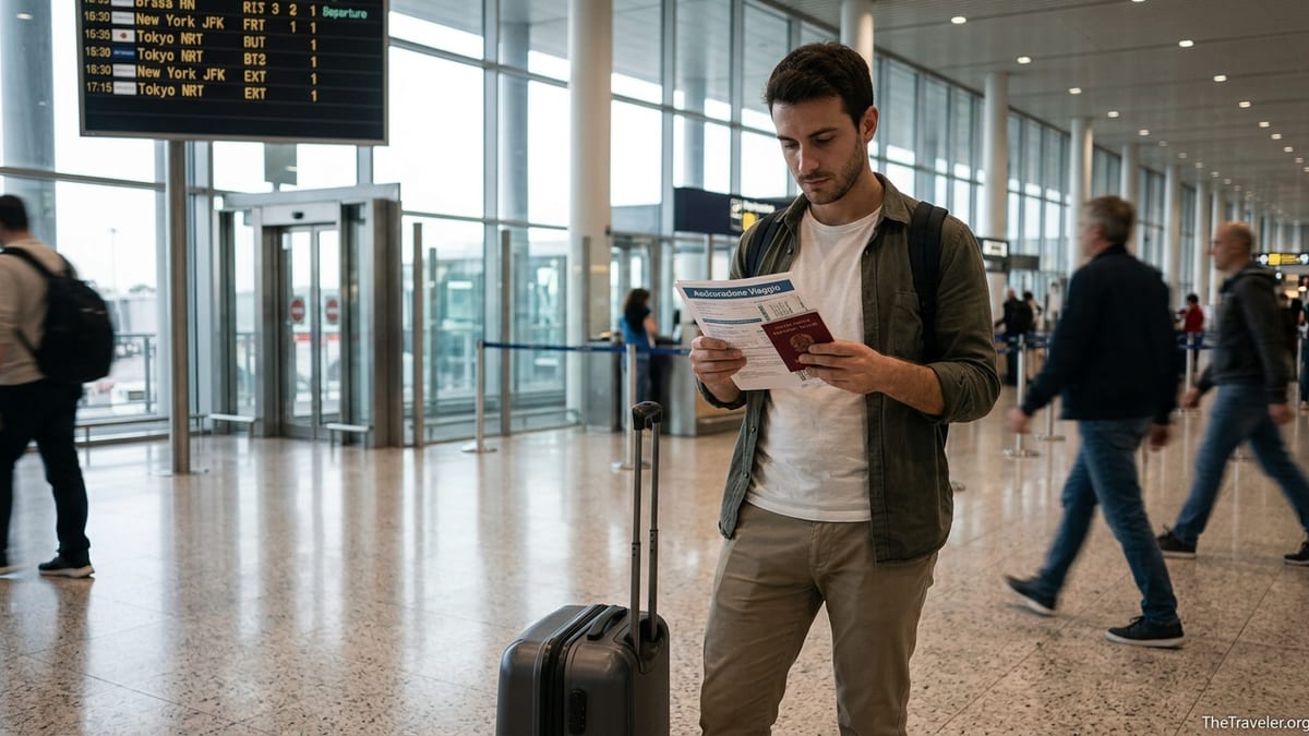 Italian travelers at an airport checking travel insurance documents before departure.