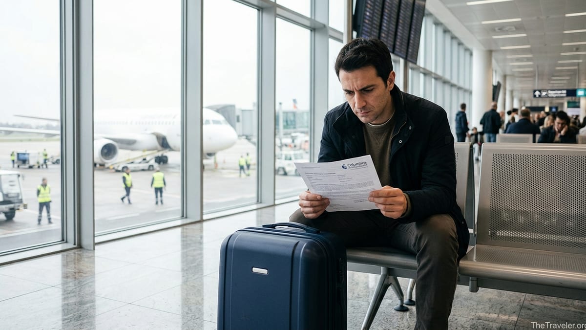 Traveler at an airport studying Columbus Assicurazioni travel insurance papers beside a suitcase.