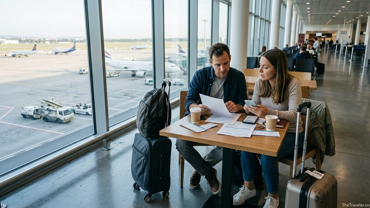 Couple compares travel insurance documents at an airport table with planes outside.