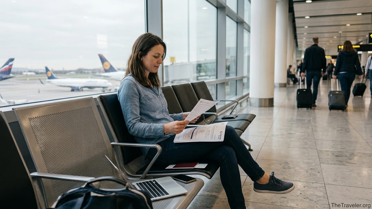 Traveller at airport reviewing Columbus Direct travel insurance documents before boarding.