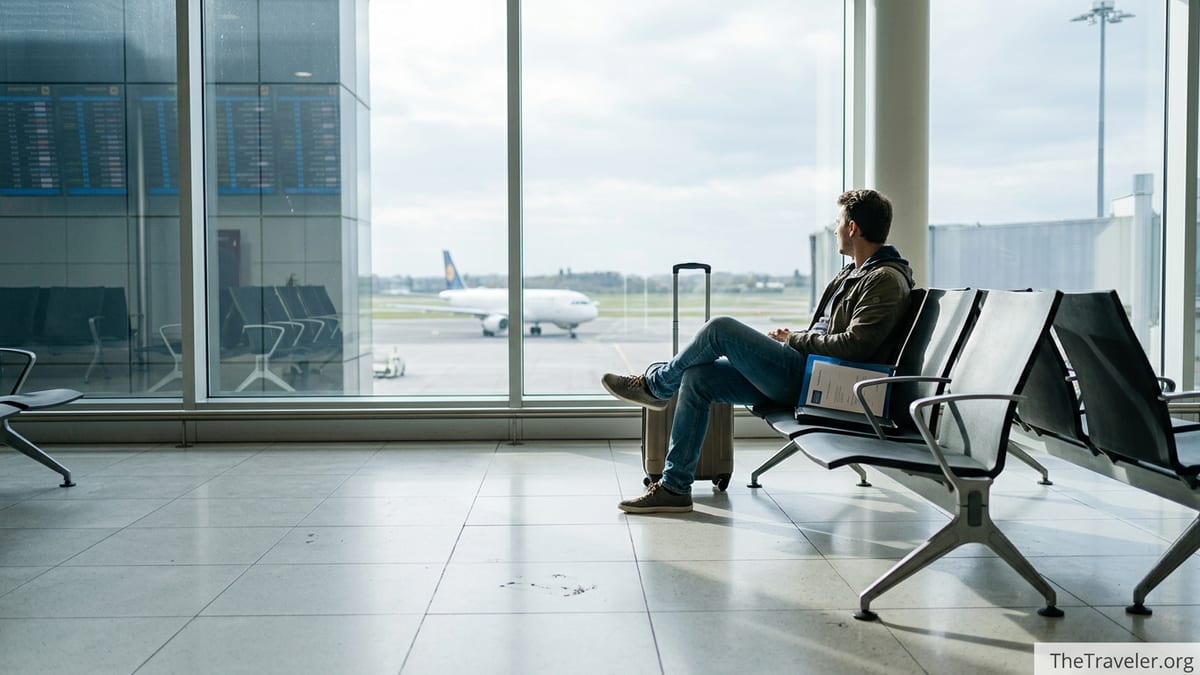 Traveller waiting in an airport terminal with suitcase and travel documents at sunrise