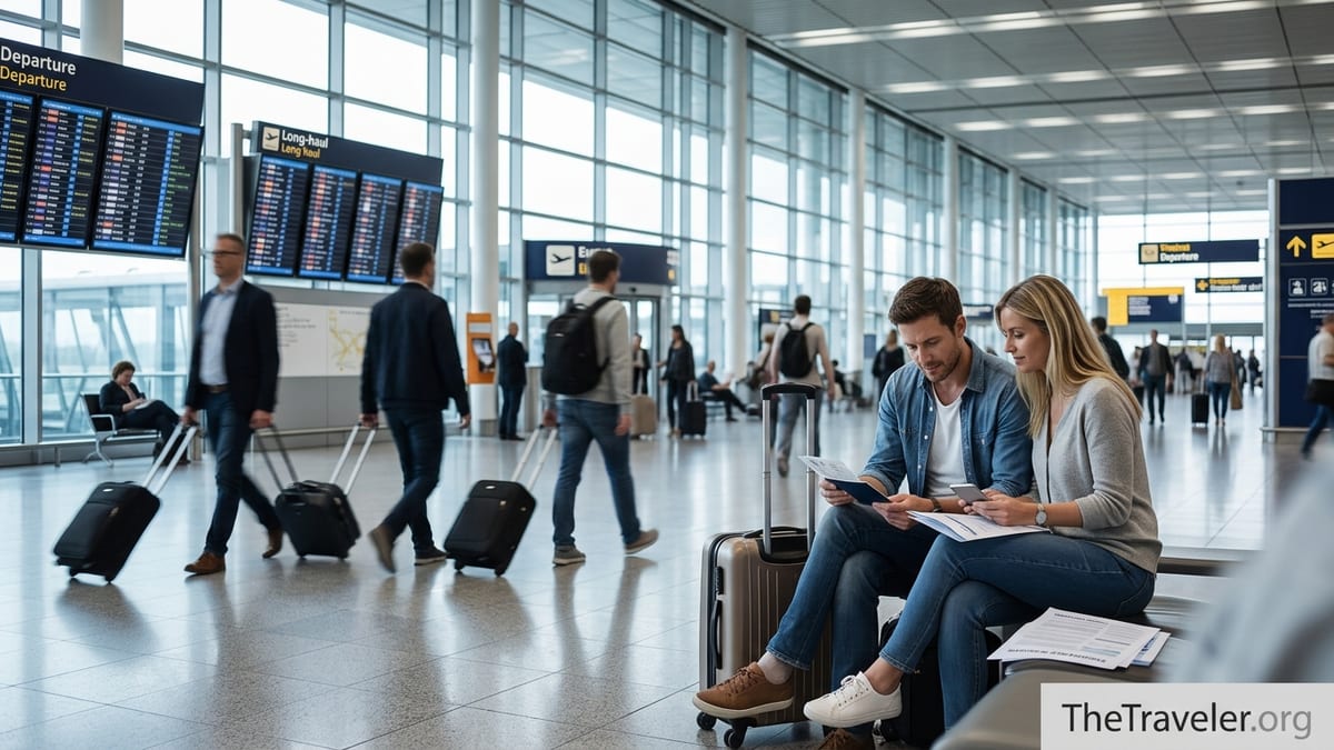 Travellers in a bright airport terminal reviewing documents beside luggage before a flight.
