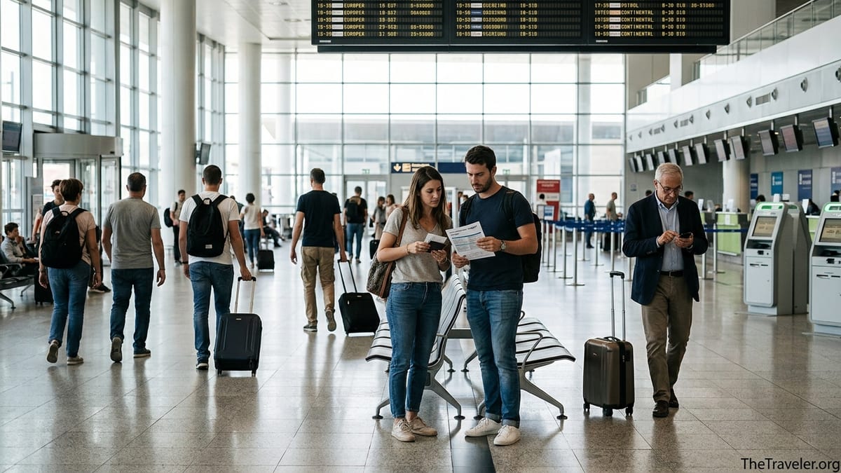 Viaggiatori italiani in aeroporto confrontano documenti di assicurazione viaggio prima della partenza.