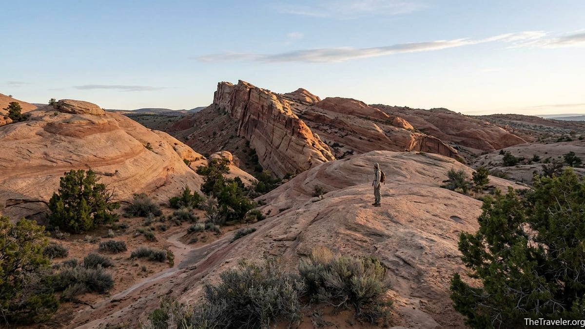 Sunrise view across slickrock toward the sandstone spine of Comb Ridge in Bears Ears National Monument, Utah.