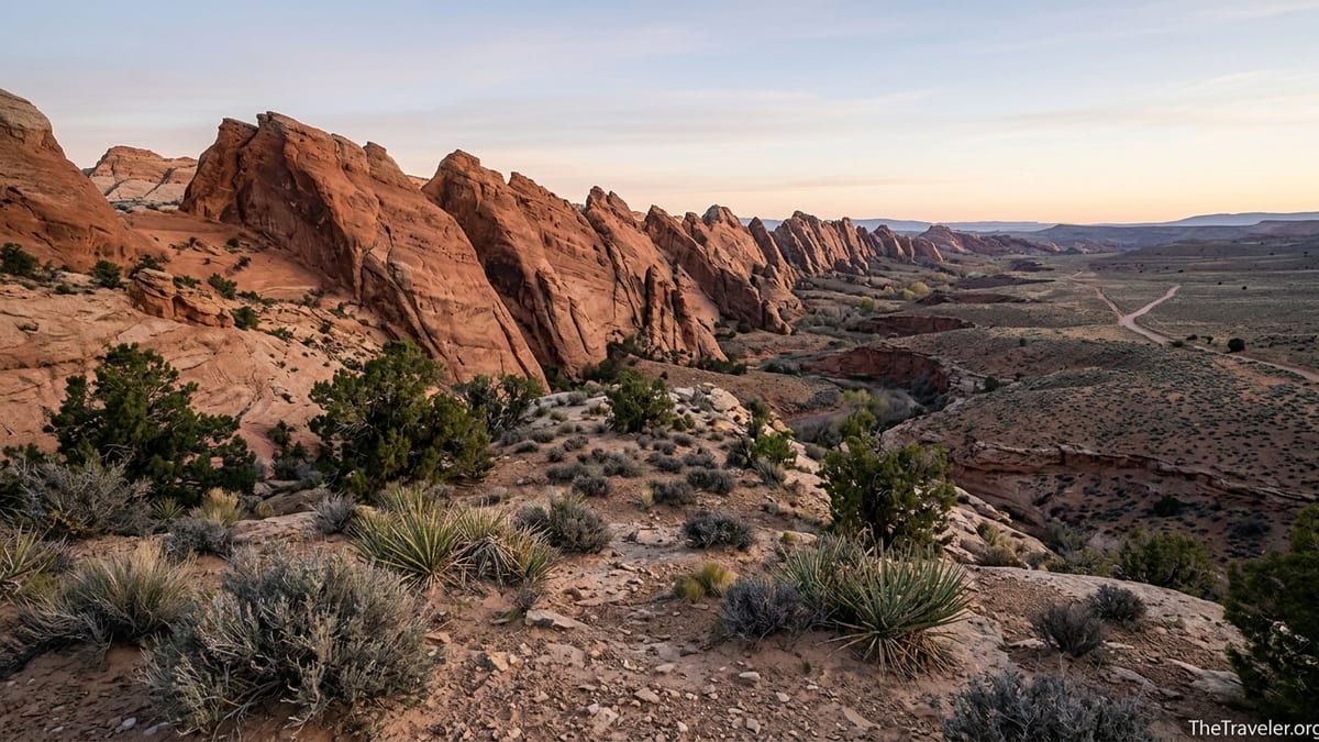 Sunrise light on the jagged sandstone spine of Comb Ridge above desert canyons in southeastern Utah.