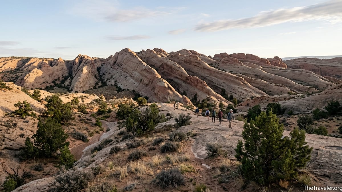 Sunrise over Comb Ridge in Utah with hikers walking across slickrock above Butler Wash.