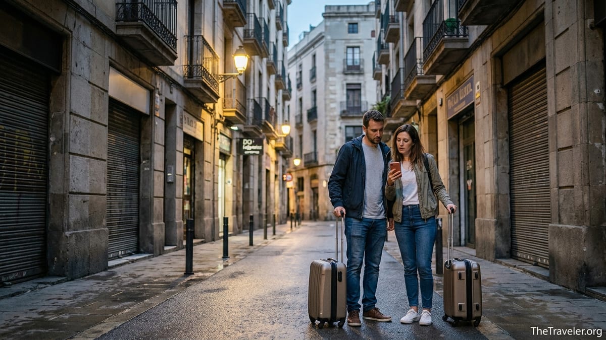 Travelers with suitcases searching for their Airbnb door on a dim city street at dusk.