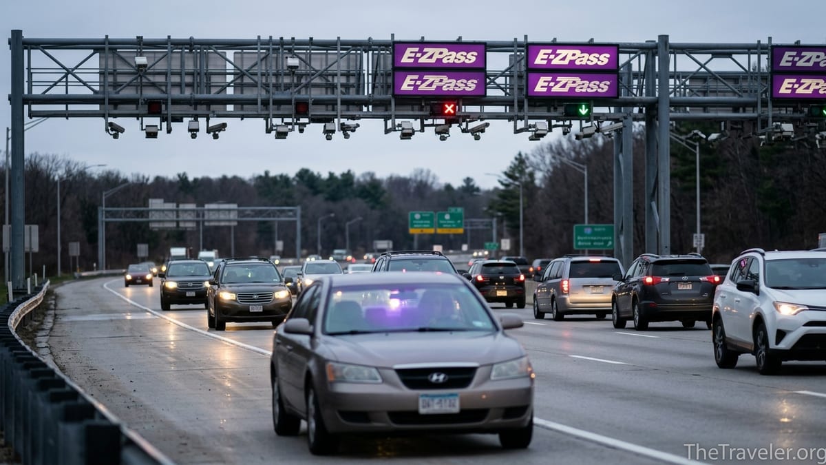 Cars passing under an E‑ZPass toll gantry at dusk on a Northeastern U.S. highway