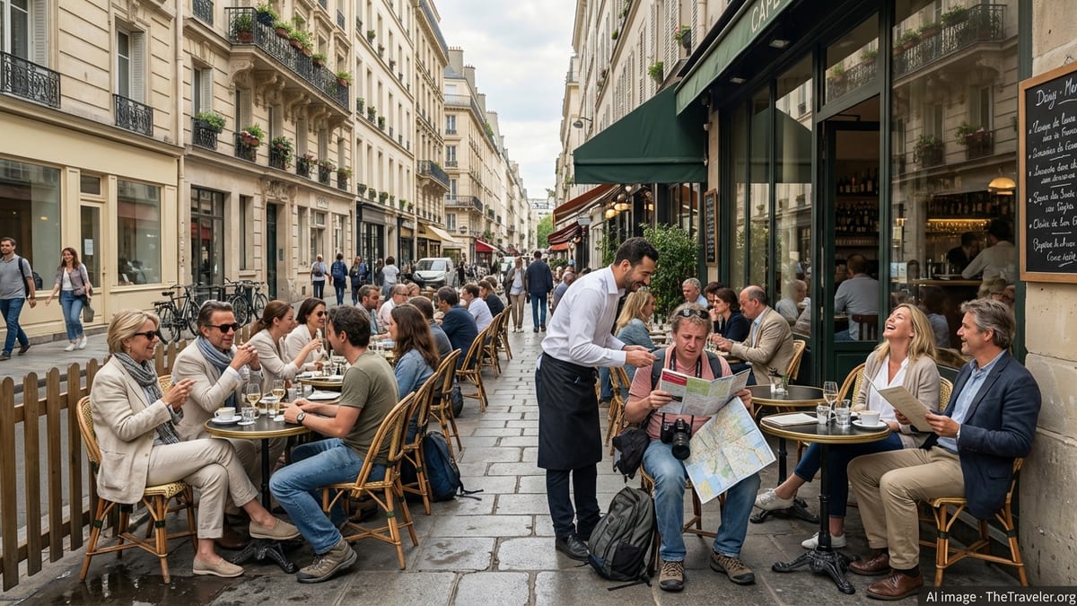 Paris café terrace with locals and tourists on a narrow street in soft afternoon light.