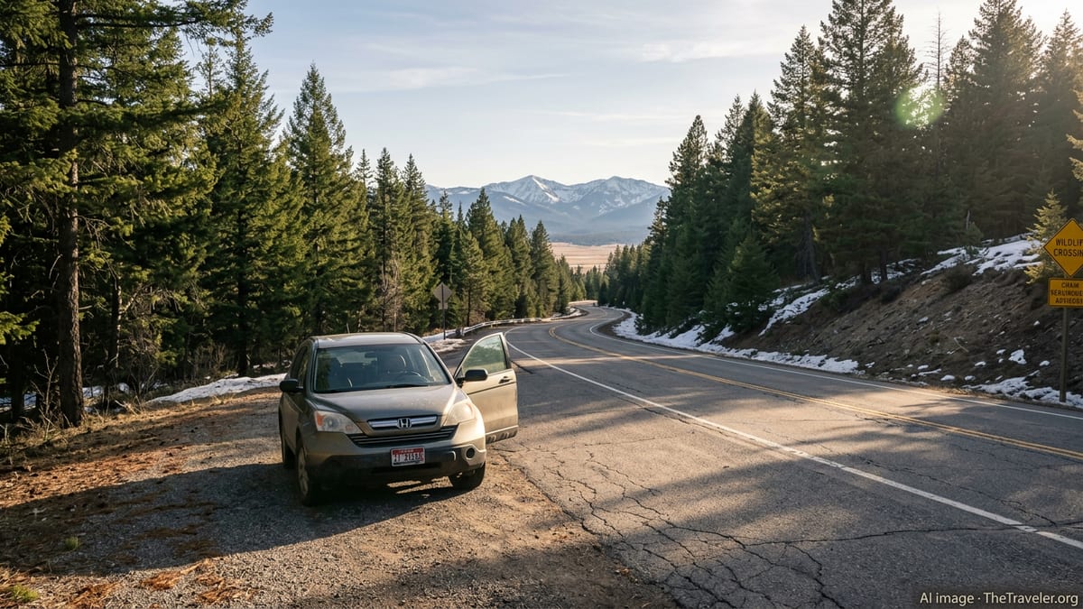 Idaho mountain highway with SUV parked in a roadside pullout near snow capped peaks.