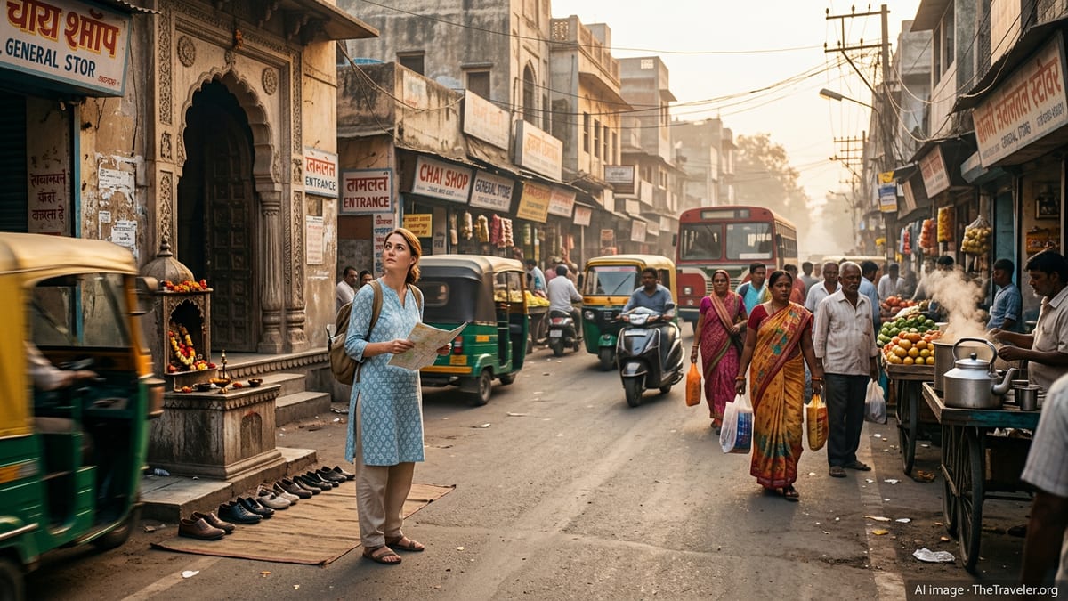 Traveler checking a map beside a busy Indian bazaar and temple entrance at sunset.
