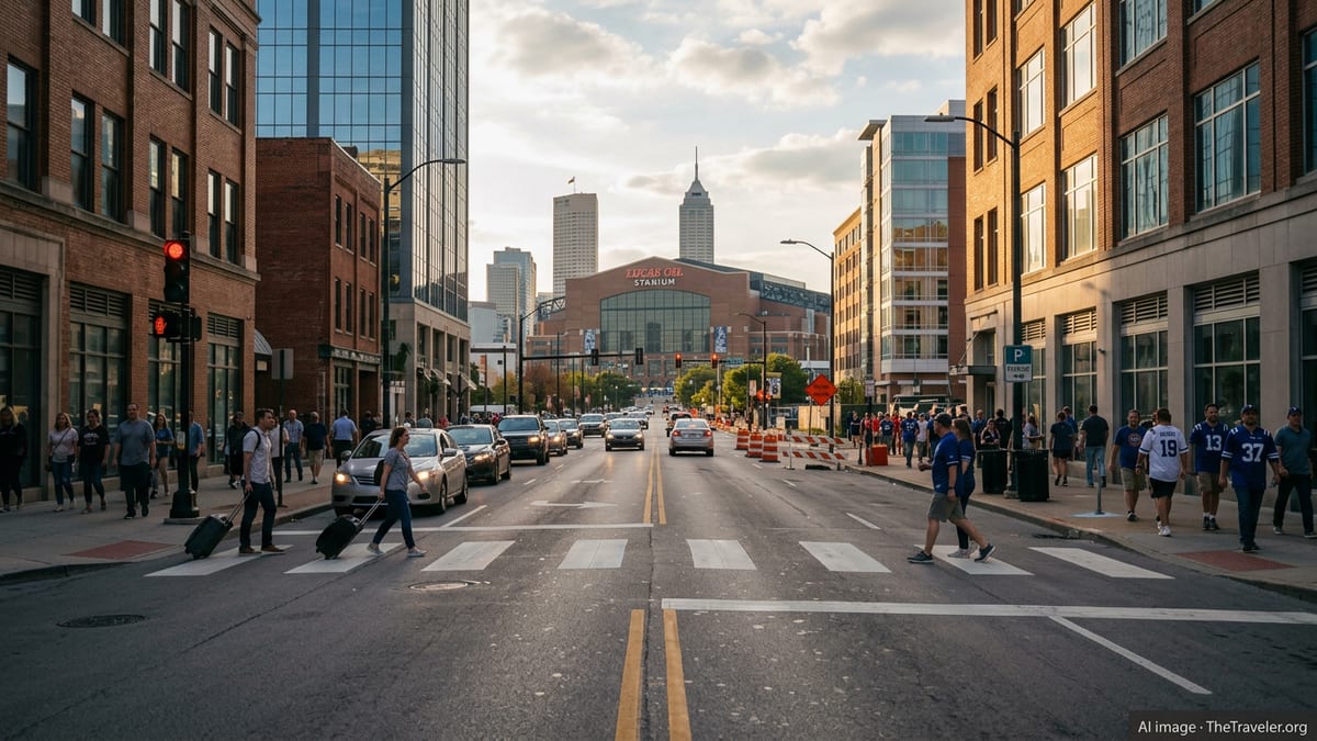 Downtown Indianapolis street at golden hour with visitors walking toward Lucas Oil Stadium.