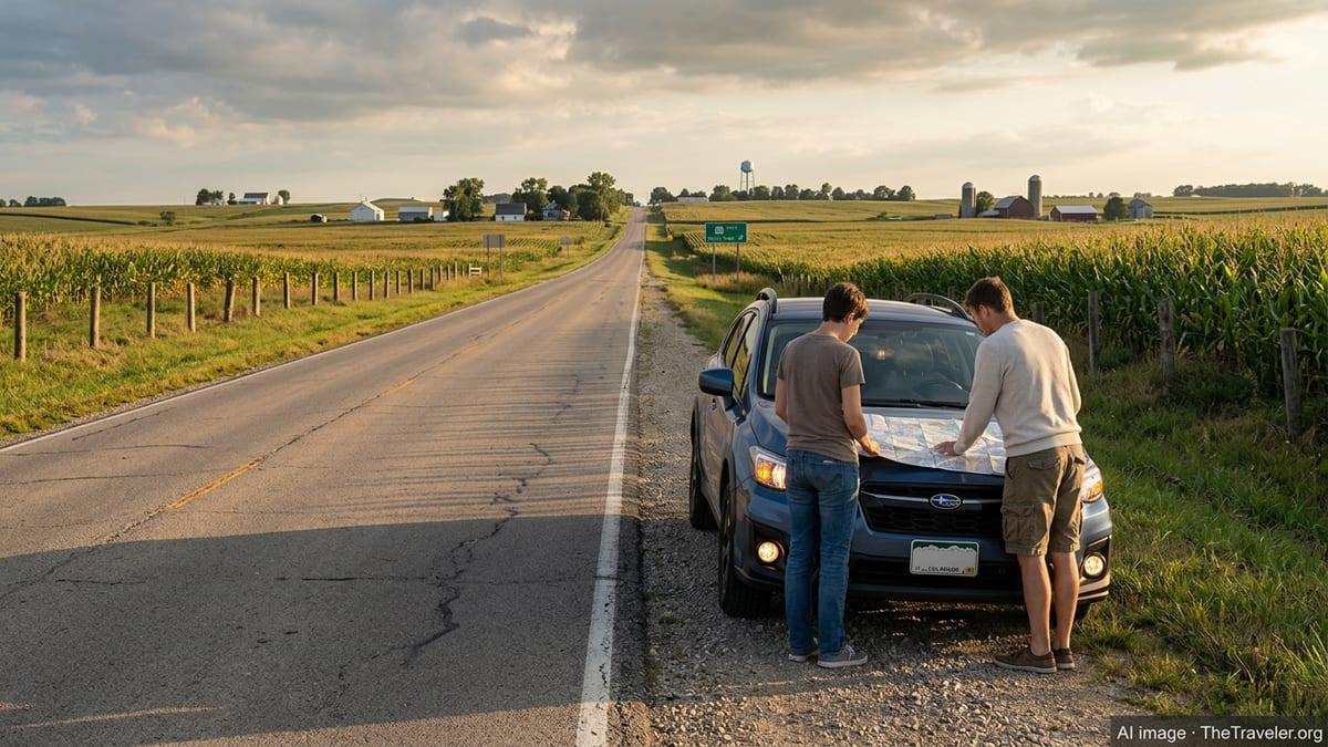Travelers planning a route beside a car on a rural Iowa road under changing summer skies.