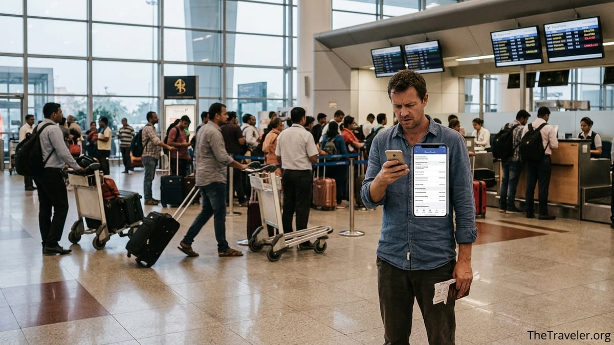 Traveler at a busy airport checking a confusing booking on their phone.