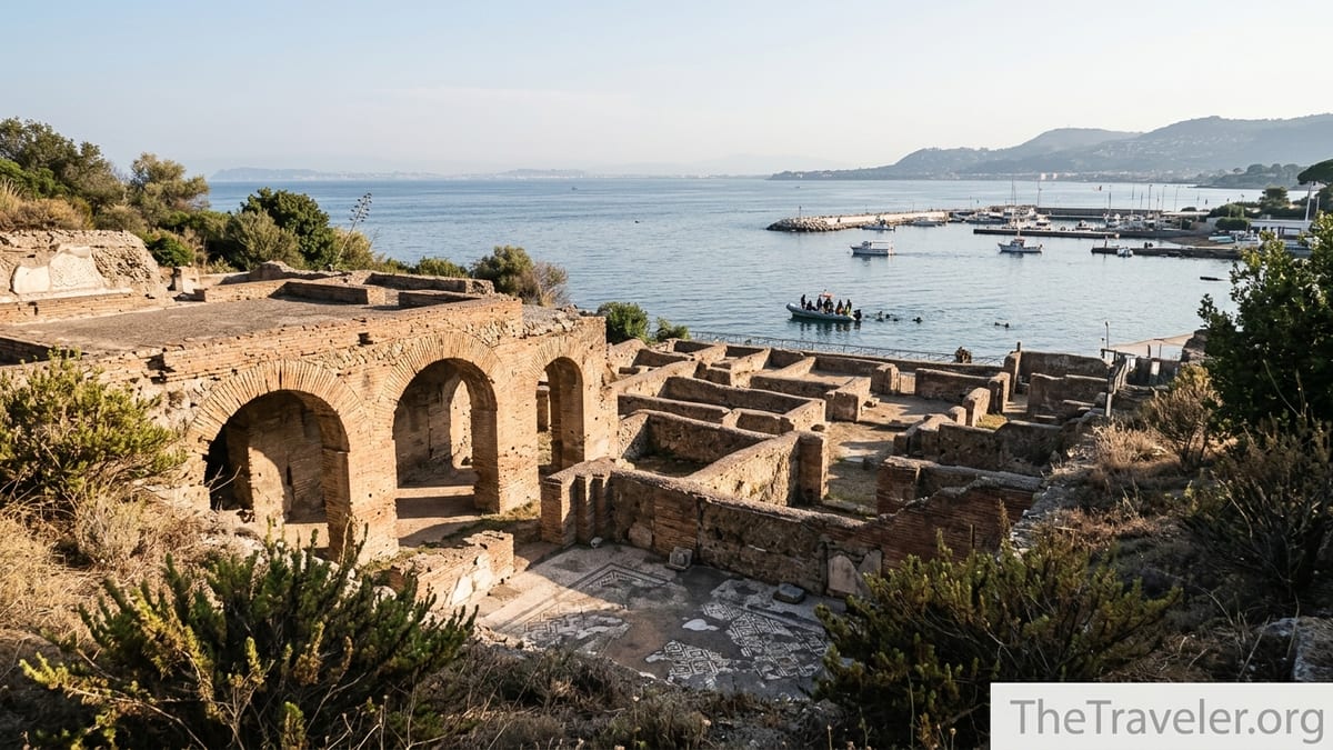 View over Roman ruins of Baiae Archaeological Park descending to the marina and bay with small excursion boats.