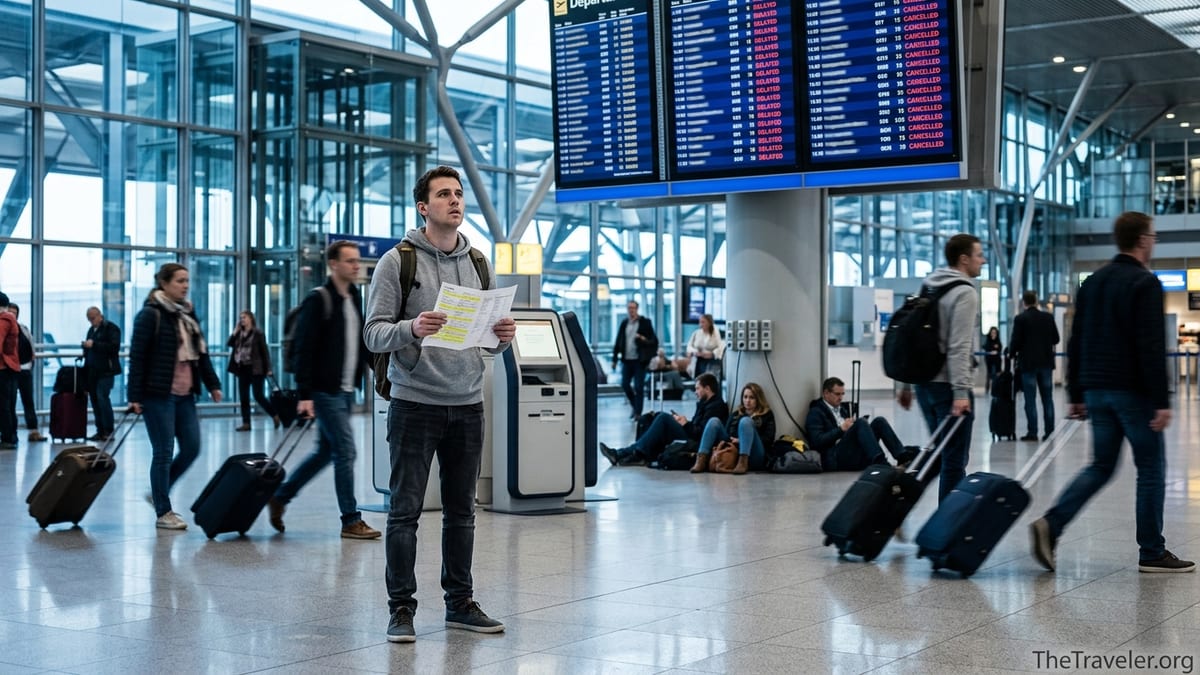 Worried traveler in a busy airport terminal checking a complicated flight itinerary.