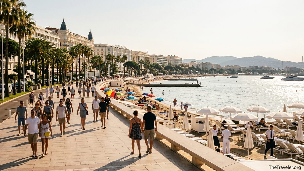 Afternoon view of Cannes’ Boulevard de la Croisette with beach clubs, public beach and luxury hotels.