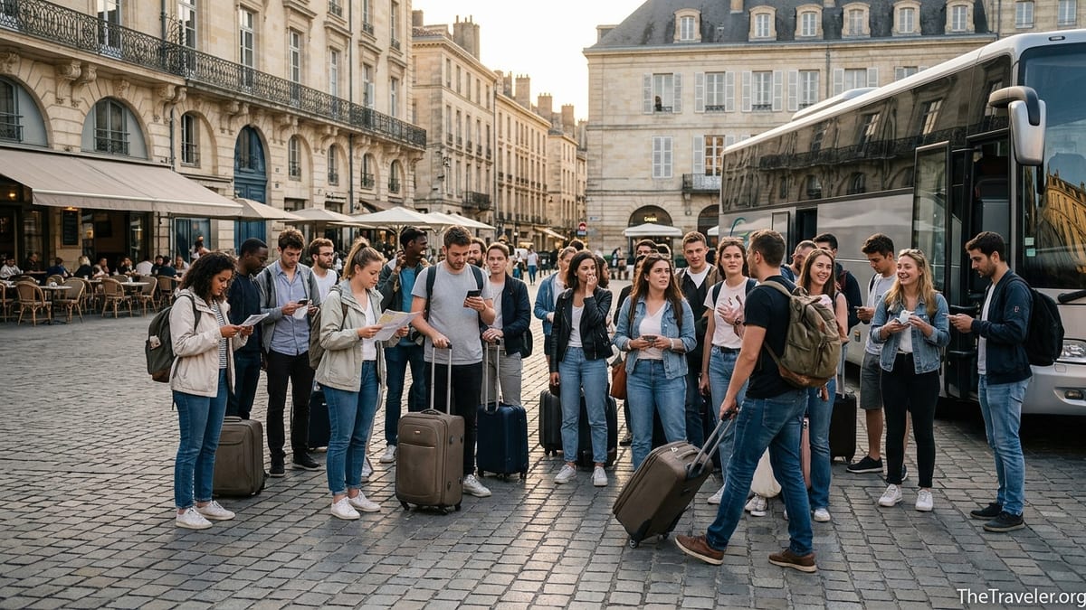 Young Contiki-style tour group with luggage beside a coach in a European square at golden hour.