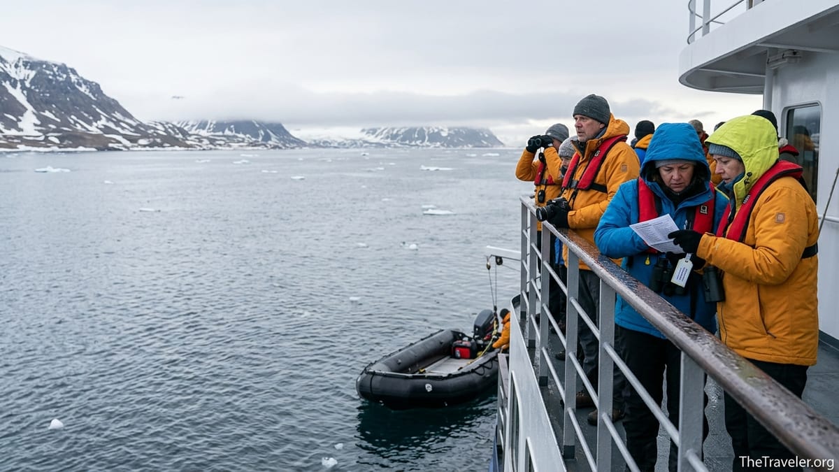 Travelers on a Lindblad expedition ship deck look out at a cold, rugged coastline with zodiacs in the water below.
