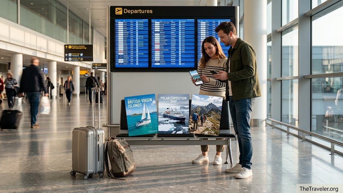 Travelers in an airport comparing brochures for sailing, polar and hiking trips.