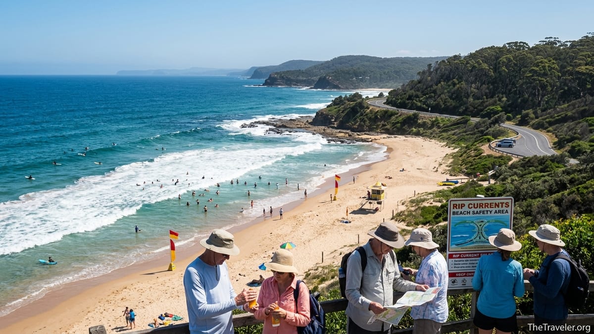 Aerial view of tourists on a patrolled Australian beach with surf, safety flags and coastal road.
