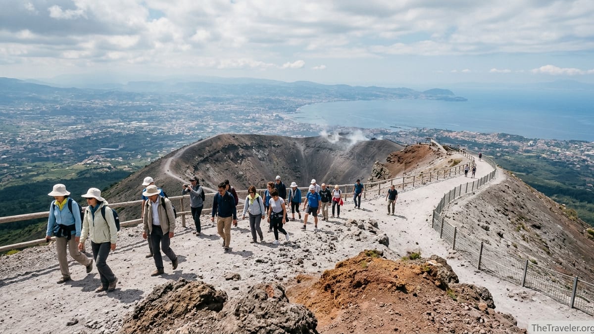 Hikers on Mount Vesuvius trail overlooking the crater and Bay of Naples on a hazy sunny day.