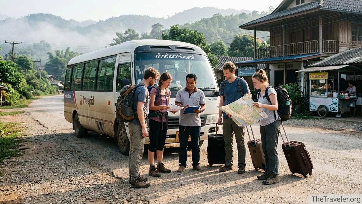 Small group tour travelers checking their itinerary beside a minibus in rural Southeast Asia.