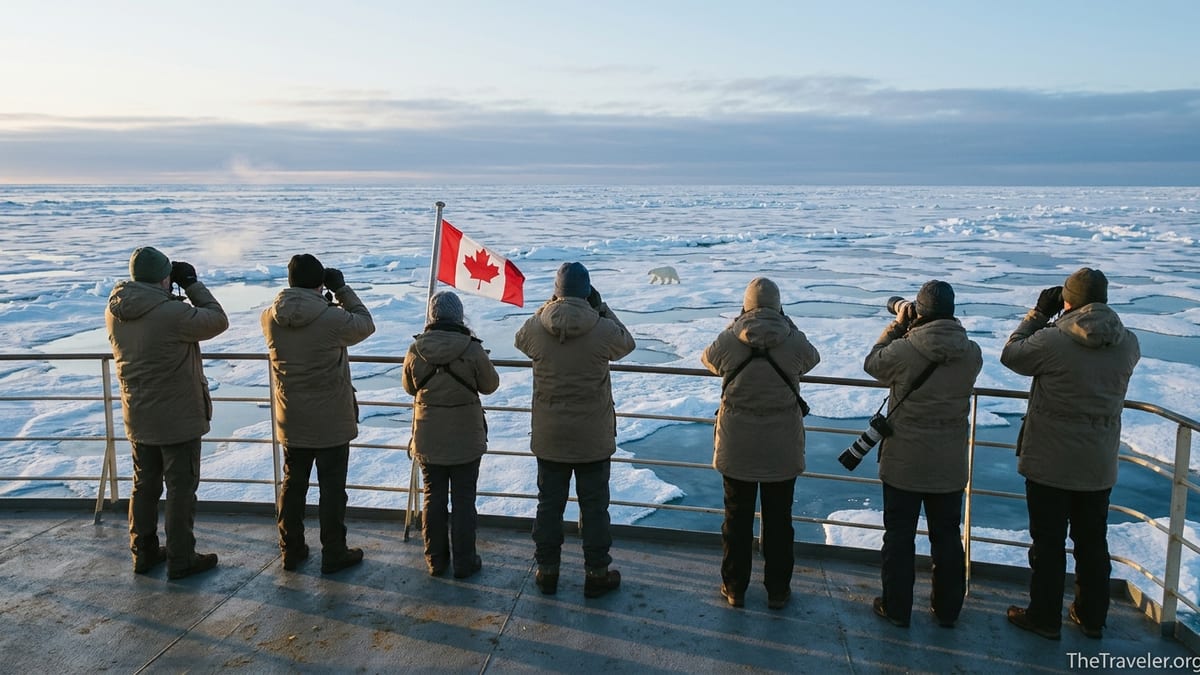 Travelers on an expedition ship watch a distant polar bear on sea ice near Churchill at dawn.