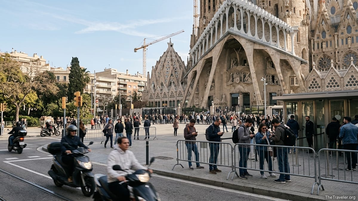 Crowds queue outside Barcelona’s Sagrada Família on a sunny day, checking tickets and bags before security.