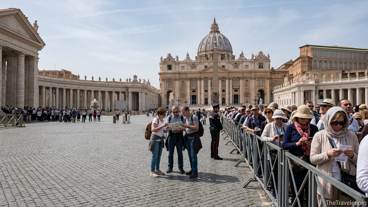 Crowds queuing in St Peter’s Square to enter St Peter’s Basilica on a bright day.