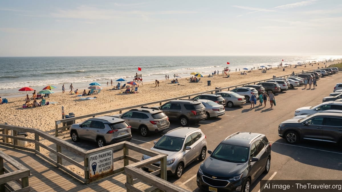 Late afternoon view over Rehoboth Beach parking and shoreline with visitors, cars and lifeguard stands.