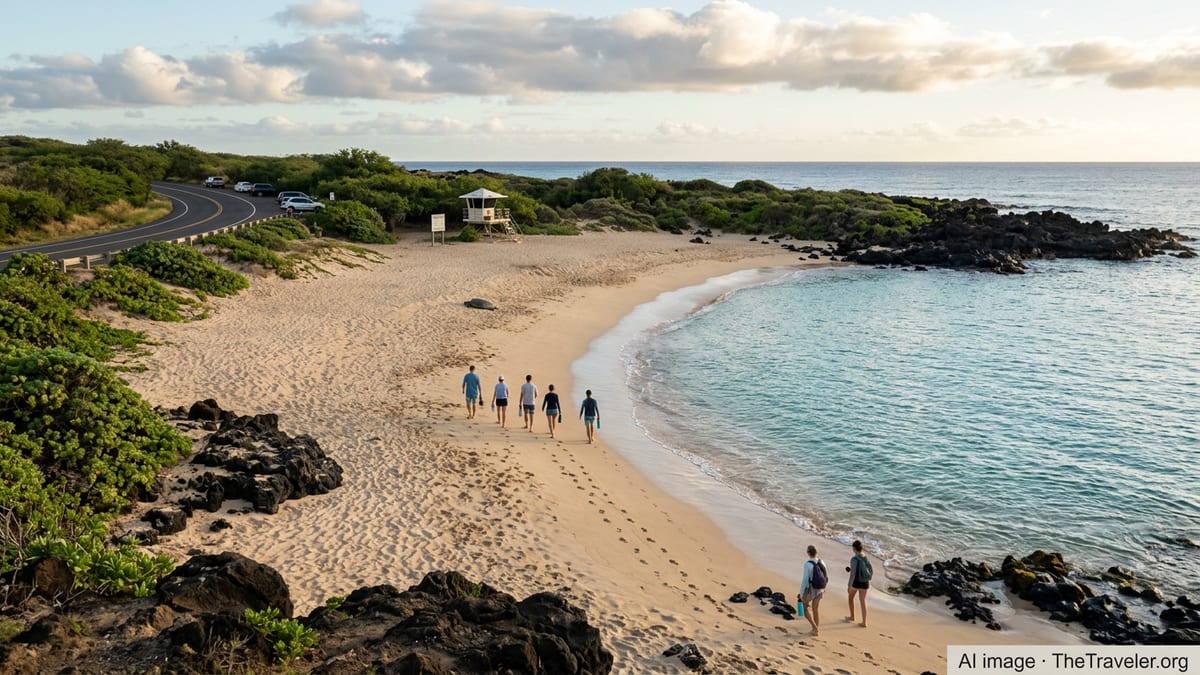Hawaii beach at golden hour with respectful visitors walking near the shoreline and a resting sea turtle left undisturbed.