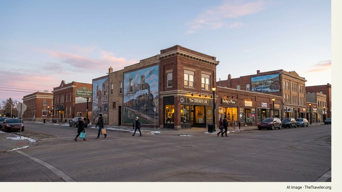 Downtown Moose Jaw street with murals, lit storefronts, and pedestrians on a chilly evening.