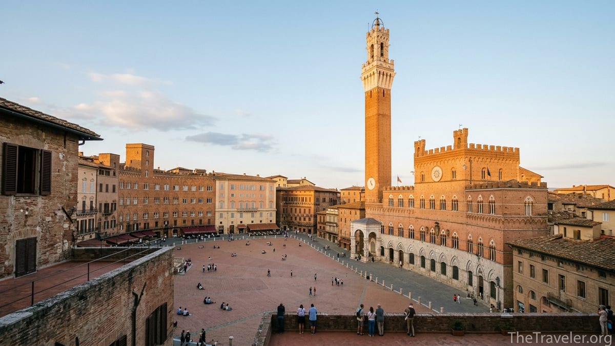 Late afternoon view of Siena’s Torre del Mangia above a sunlit Piazza del Campo with visitors in the square.