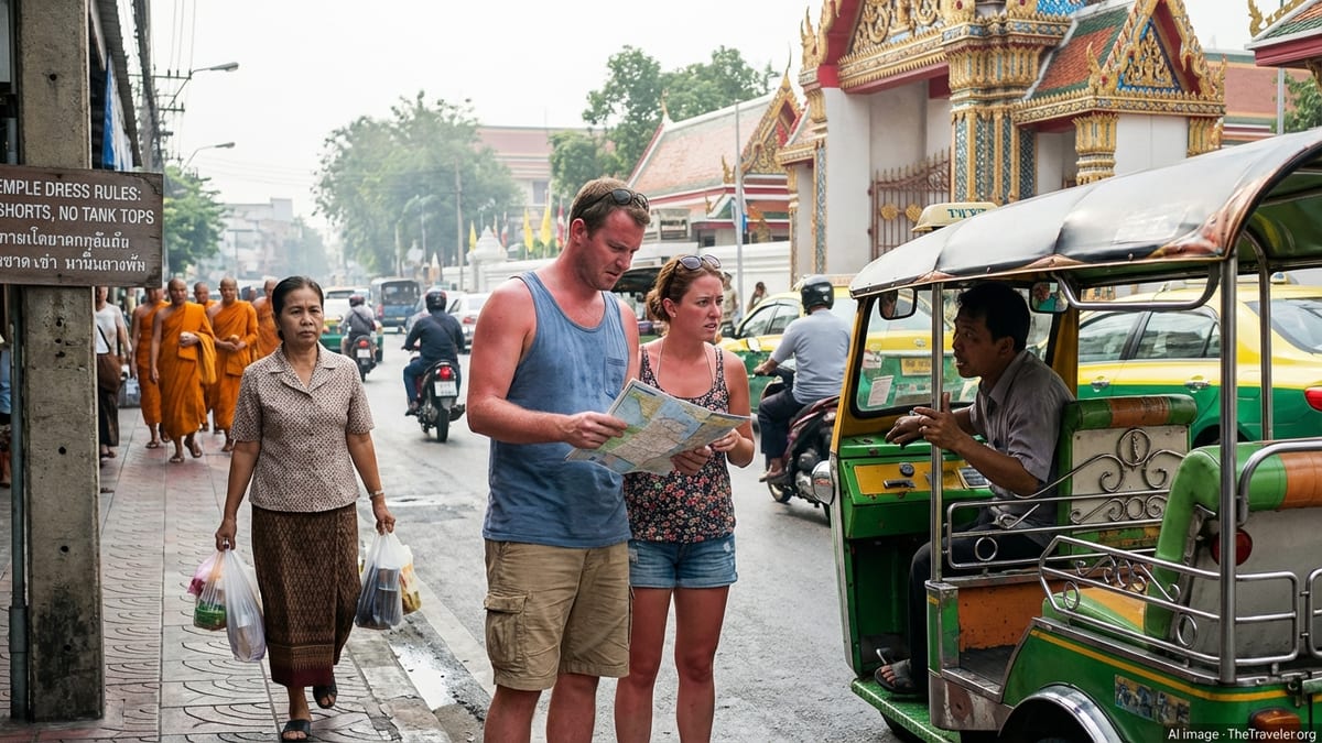 Tourists negotiating with a tuk tuk driver outside a Bangkok temple on a busy street.
