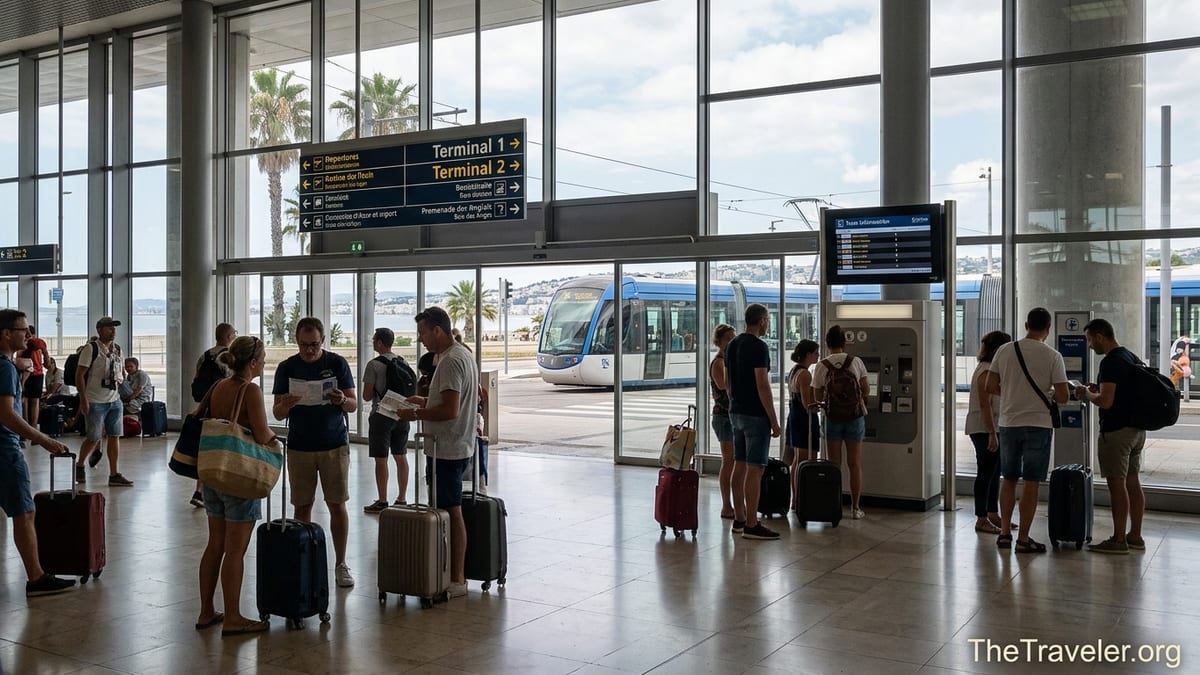 Busy departures hall at Nice Côte d’Azur Airport with travelers and tram outside
