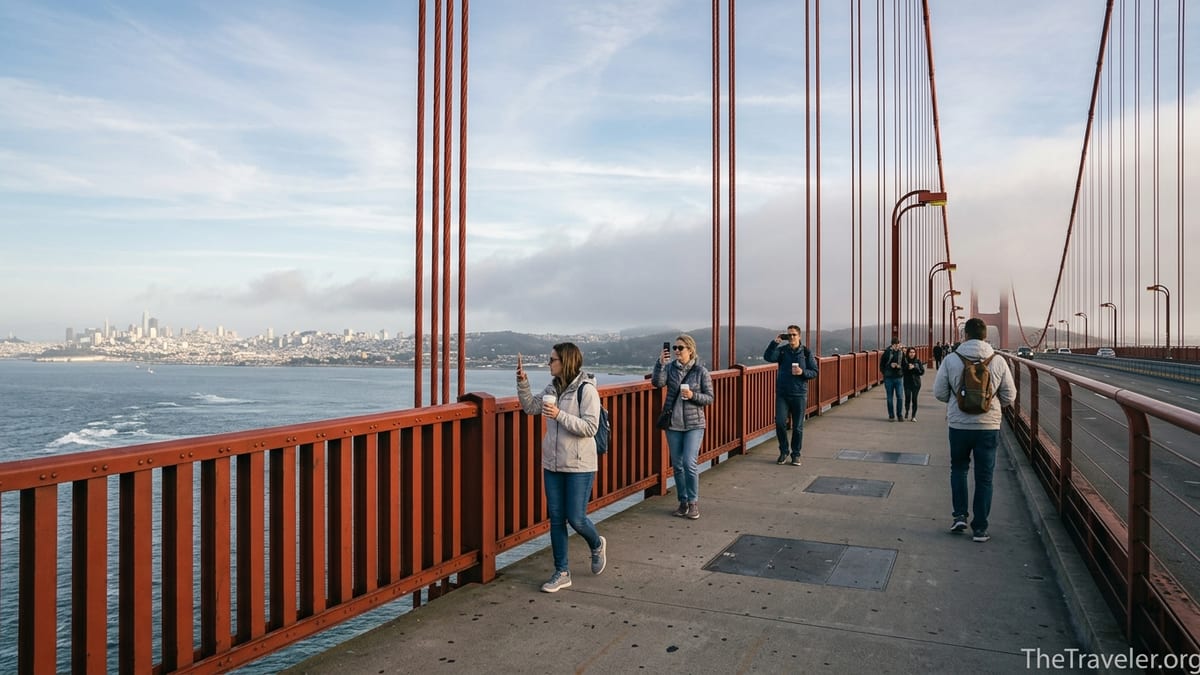 Tourists in jackets walking along the Golden Gate Bridge under summer fog in San Francisco.