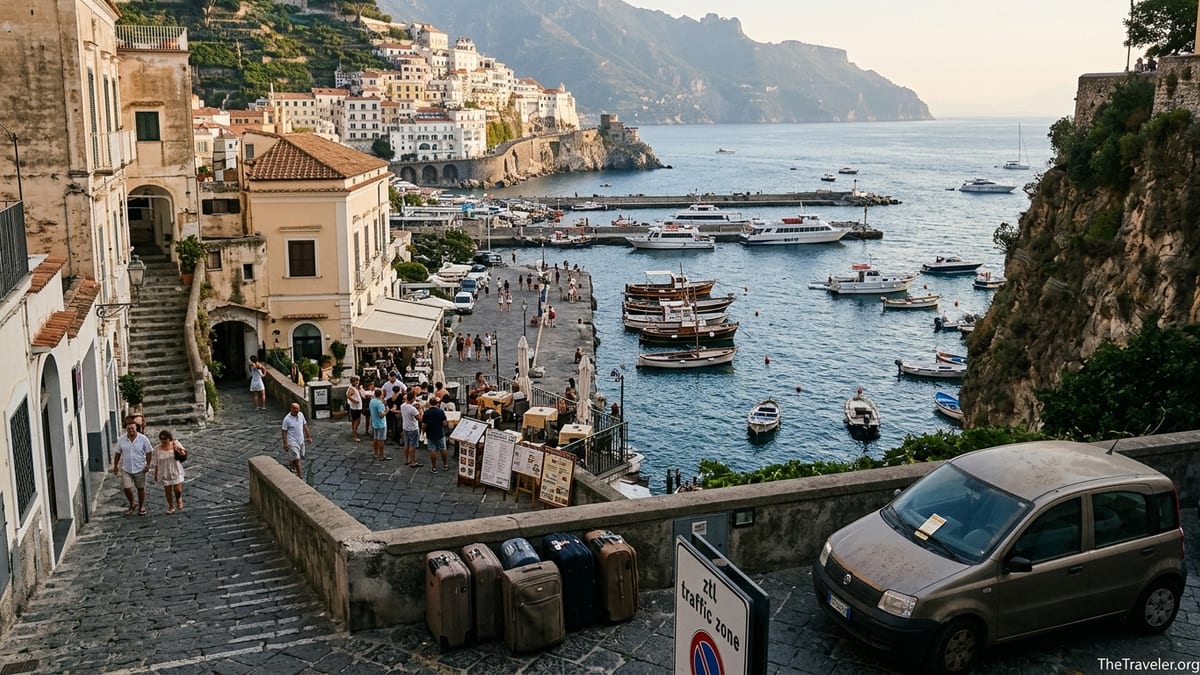 Sunlit Southern Italian coastal town with harbor, hillside houses and strolling pedestrians
