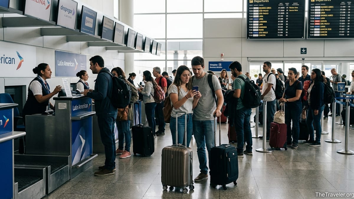 Travelers at a Latin American airport checking Despegar on a phone at check-in.