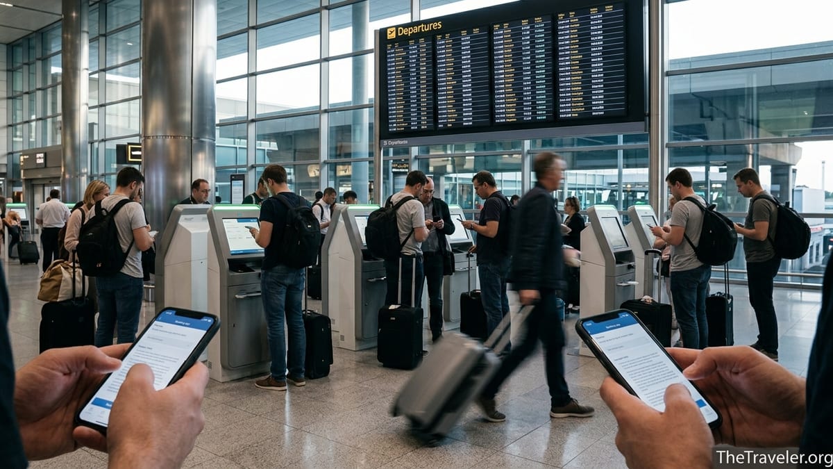 Travelers checking confusing flight bookings at airport self-service kiosks.