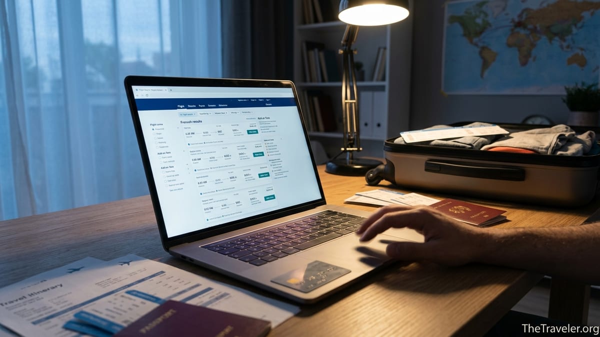 Traveler booking flights online at home, laptop screen showing complex fares and fees.