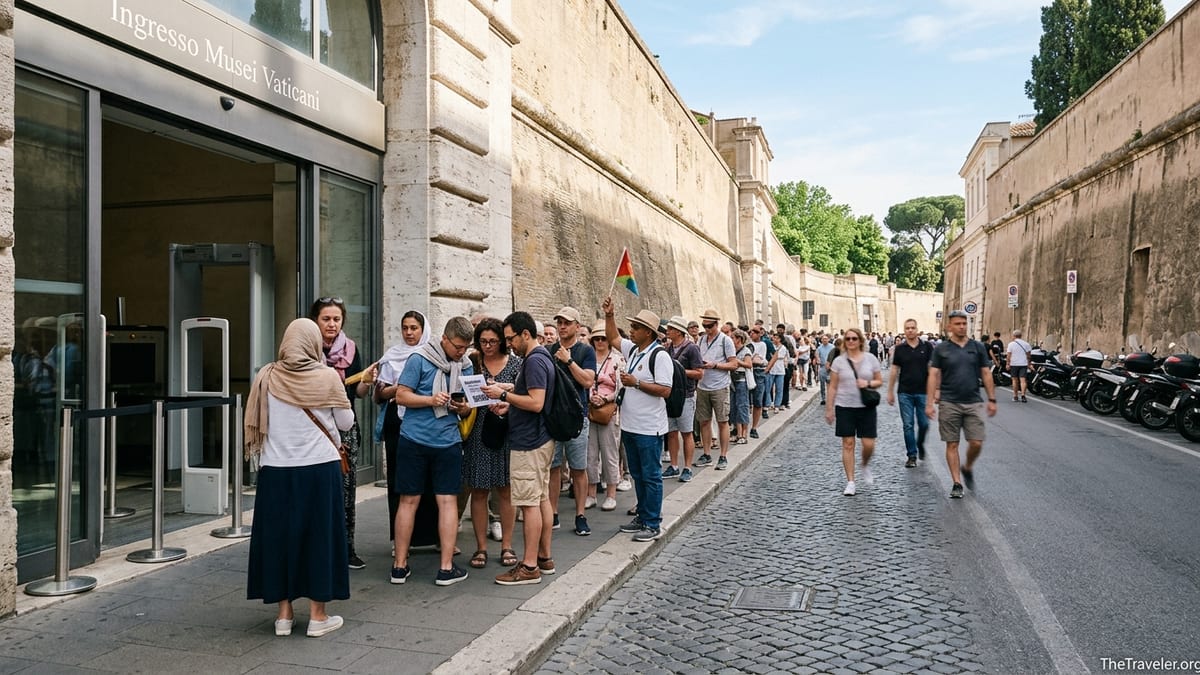 Crowds queuing outside the Vatican Museums entrance on Viale Vaticano on a sunny day.
