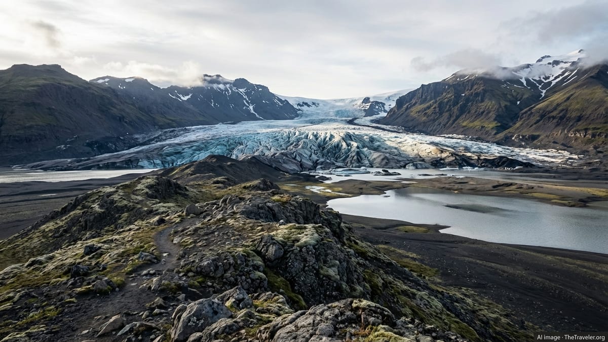 View over a crevassed glacier and dark volcanic mountains in Vatnajökull National Park.