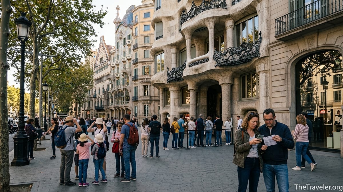 Visitors queue outside Gaudí’s Casa Batlló and La Pedrera on Passeig de Gràcia in Barcelona.