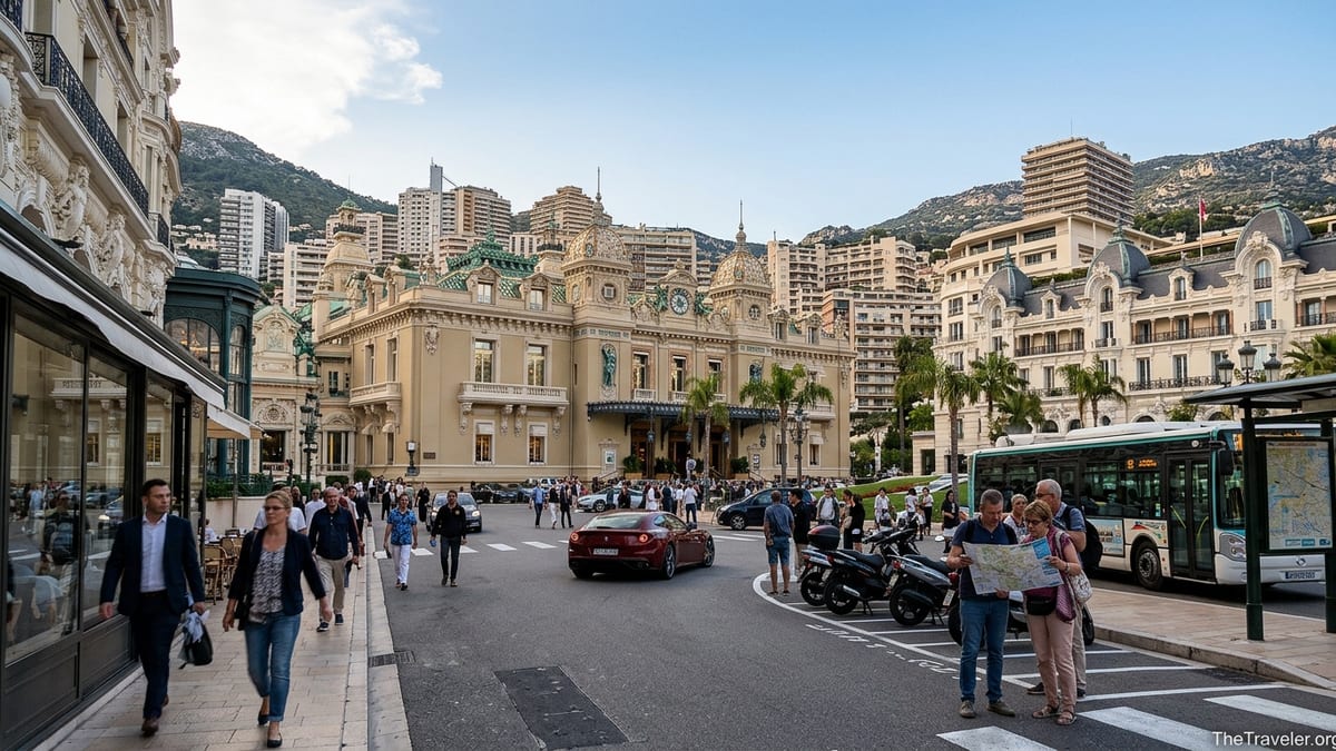 Visitors navigating Monaco’s Casino Square with buses, cars and steep hills in the background.